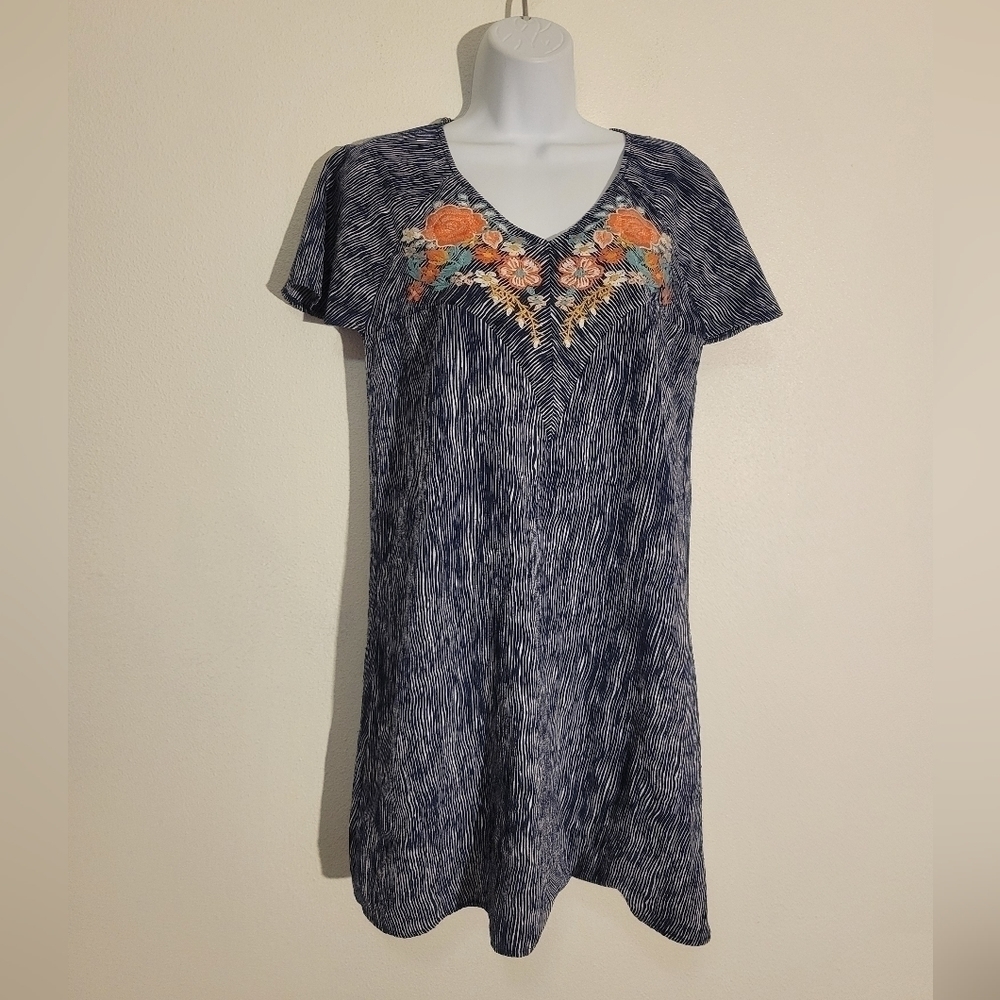 Thml size L blue/white stripes mini short sleeves dress with embroidery